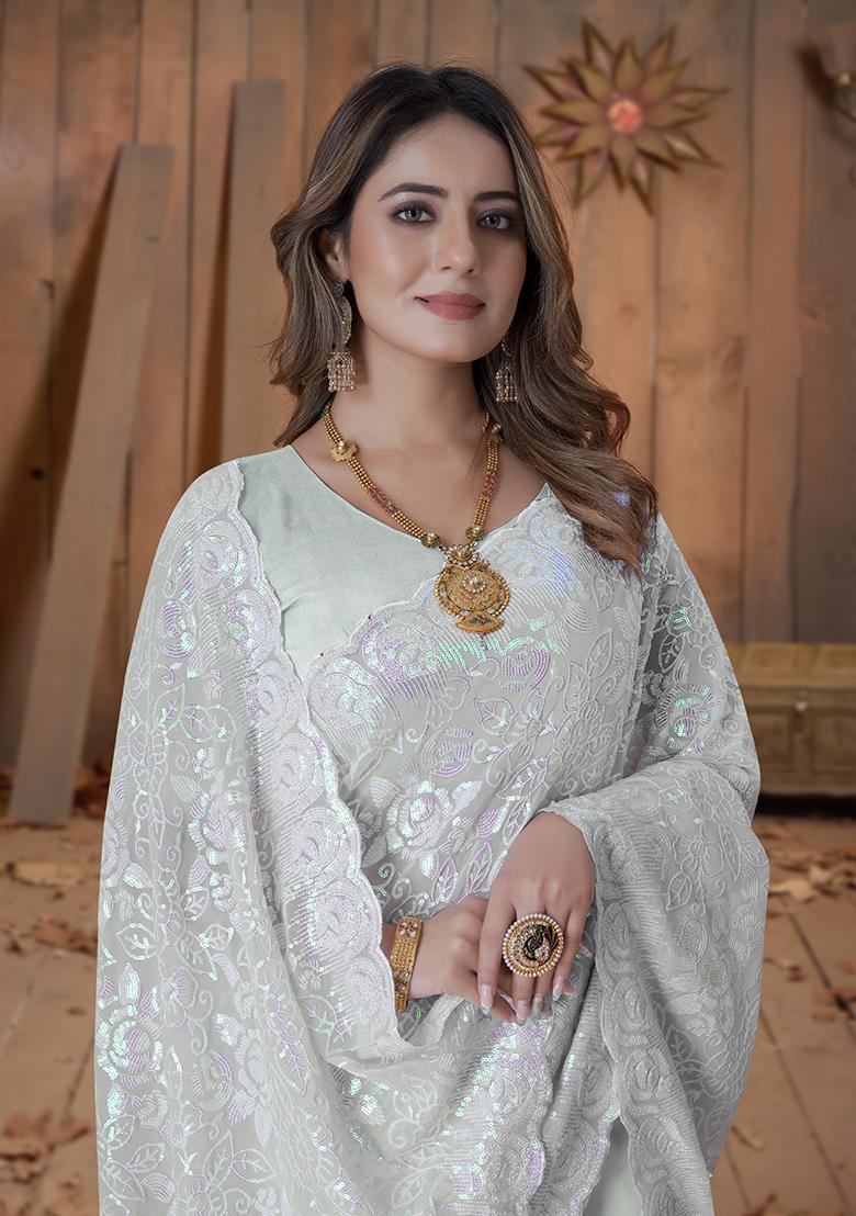 Dusty Pista Embroidery Georgette Saree Set - Indya