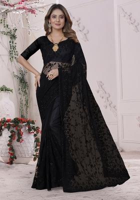 Black Embroidery Net Saree Set