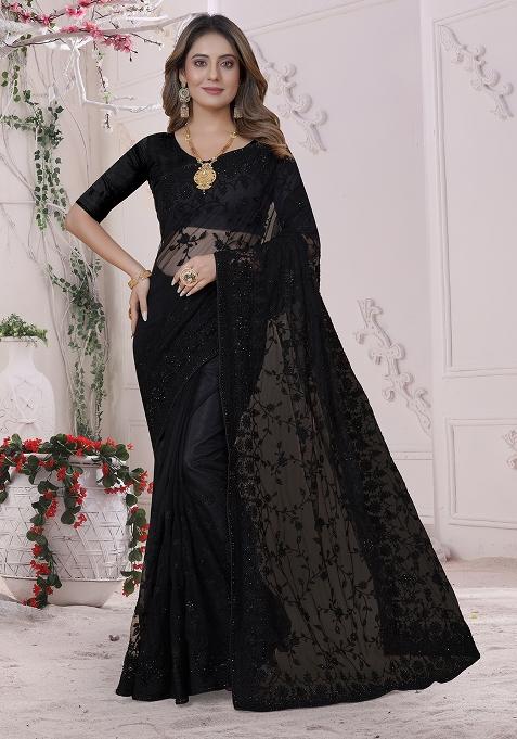 Black Embroidery Net Saree Set