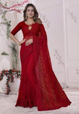 Red Embroidery Net Saree Set