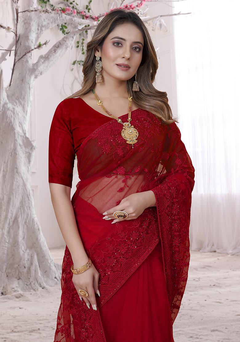 Red Embroidery Net Saree Set - Indya