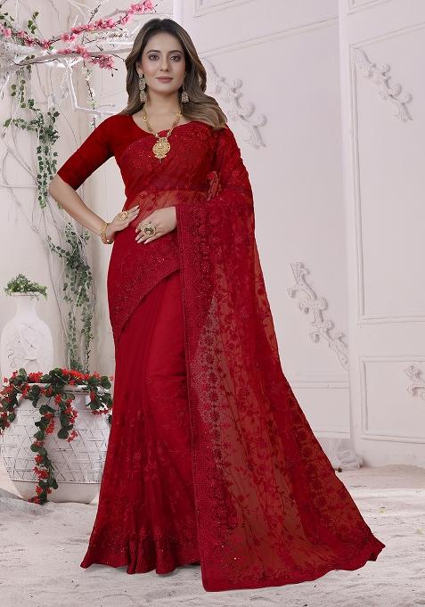 Red Embroidery Net Saree Set
