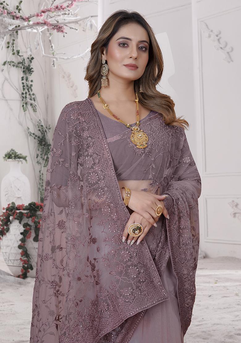 Lavender Embroidery Net Saree Set - Indya