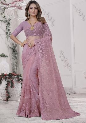 Dusty Pink Embroidery Net Saree Set
