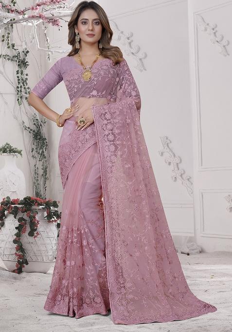 Dusty Pink Embroidery Net Saree Set
