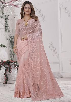 Dusty Peach Embroidery Net Saree Set