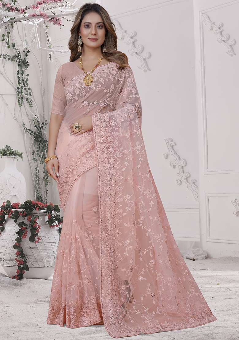 Dusty Peach Net Saree Set with Embroidery for Diwali | Wedding & Festive Wear - Indya