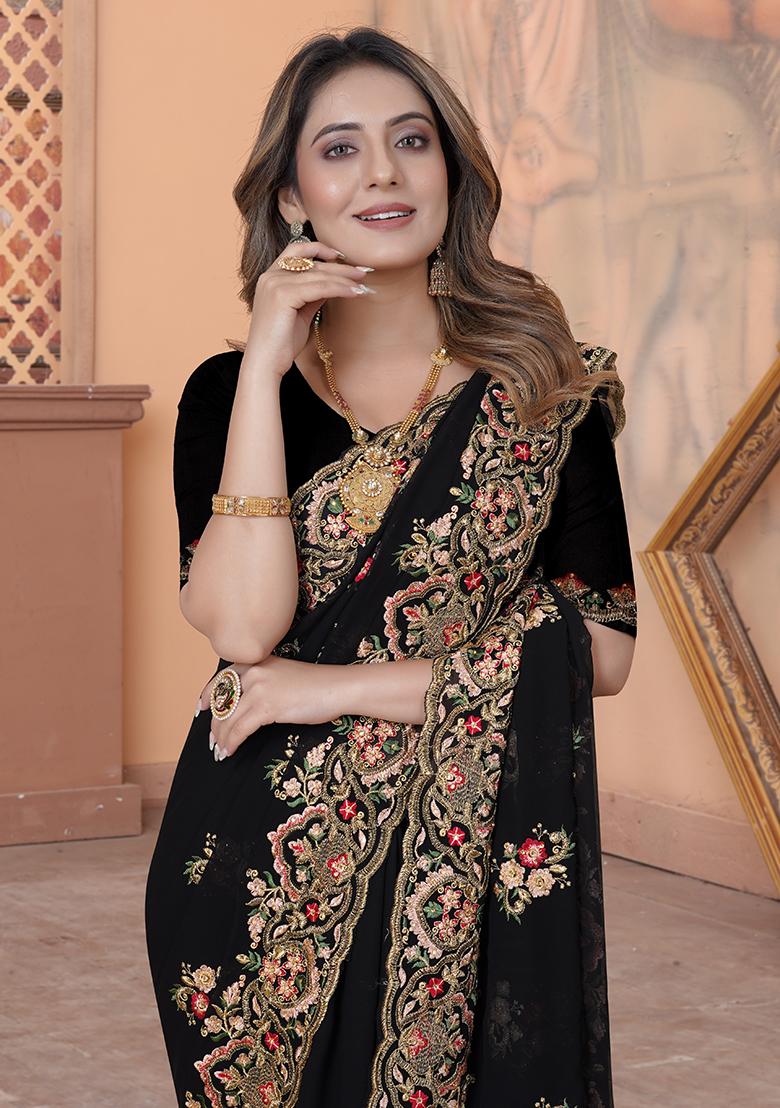 Black Embroidery Georgette Saree Set - Indya