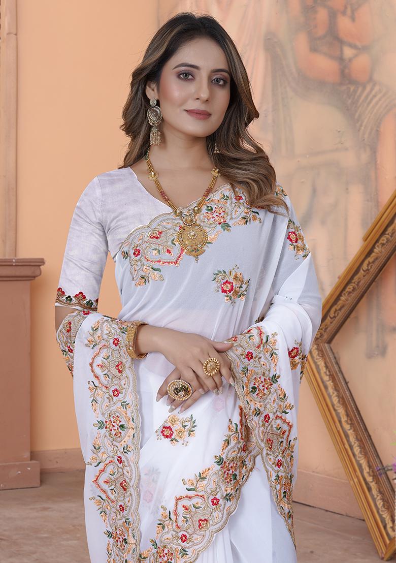 White Embroidery Georgette Saree Set - Indya