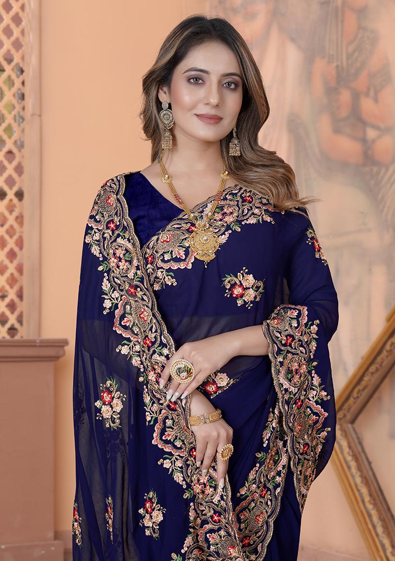 Nevi Embroidery Georgette Saree Set - Indya