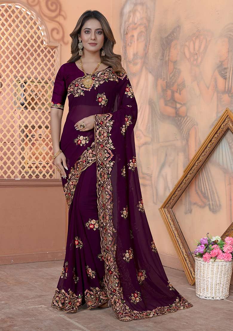 Wine Embroidery Georgette Saree Set for Diwali and Festive Wear - Indya