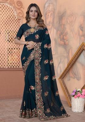 Morpeach Embroidery Georgette Saree Set