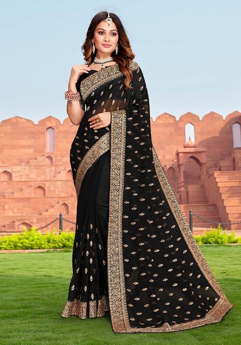 Black Embroidery Georgette Saree Set