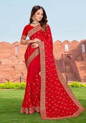 Red Embroidery Georgette Saree Set