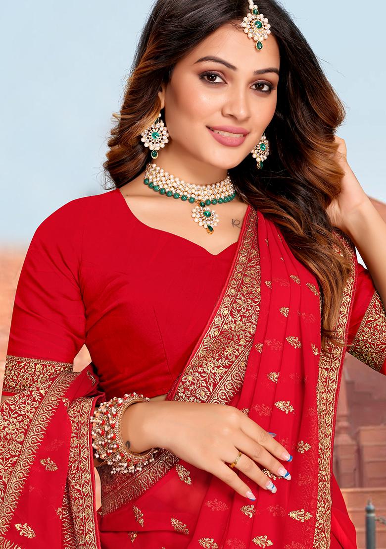 Red Embroidery Georgette Saree Set - Indya