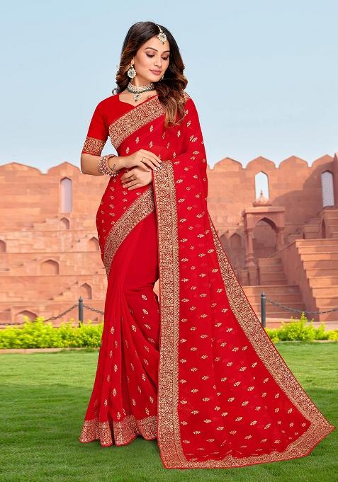 Red Embroidery Georgette Saree Set