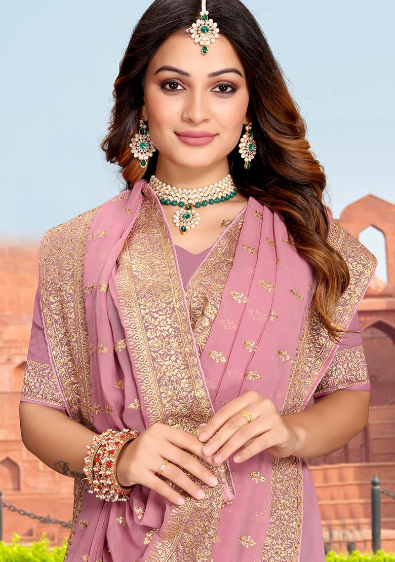 Dusty Pink Embroidery Georgette Saree Set - Indya