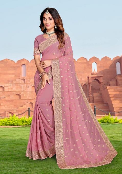 Dusty Pink Embroidery Georgette Saree Set