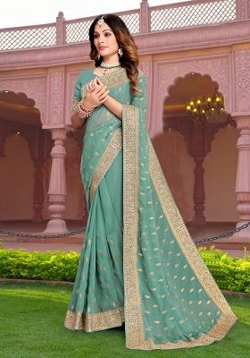 Dusty Aque Embroidery Georgette Saree Set