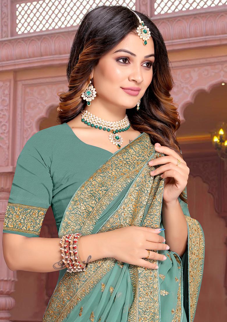 Dusty Aque Embroidery Georgette Saree Set - Indya