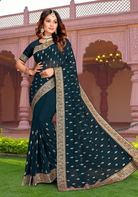 Morpeach Embroidery Georgette Saree Set
