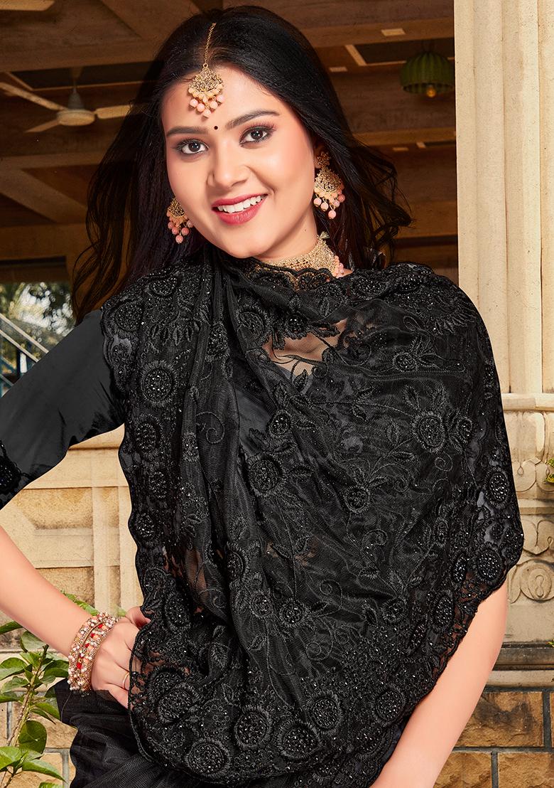 Black Embroidery Net Saree Set - Indya