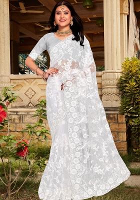 White Embroidery Net Saree Set