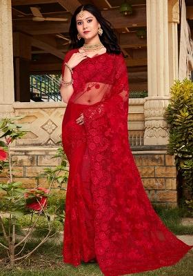 Red Embroidery Net Saree Set