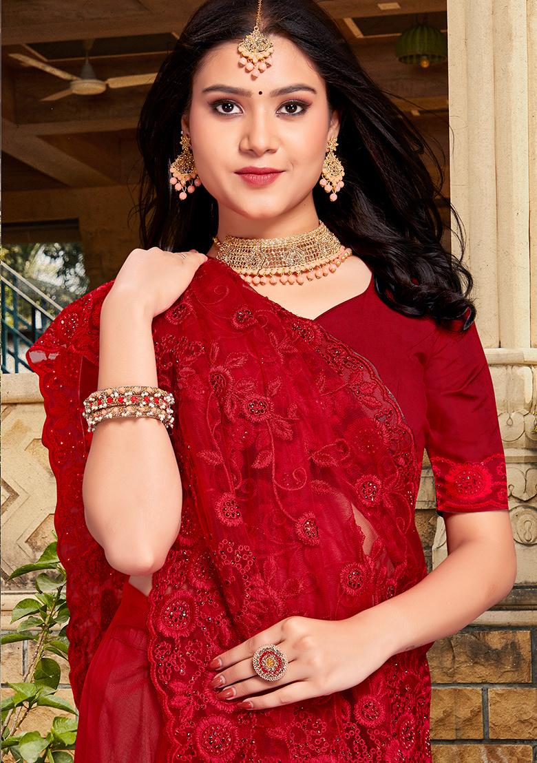 Red Embroidery Net Saree Set - Indya