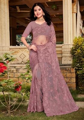 Lavender Embroidery Net Saree Set