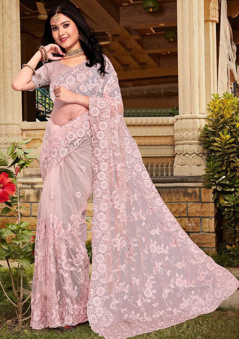 Dusty Peach Net Saree Set with Embroidery for Diwali | Wedding & Festive Wear - Indya