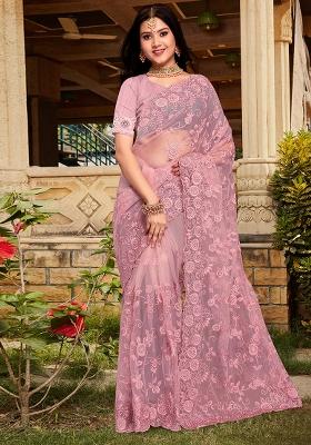 Dusty Pink Embroidery Net Saree Set