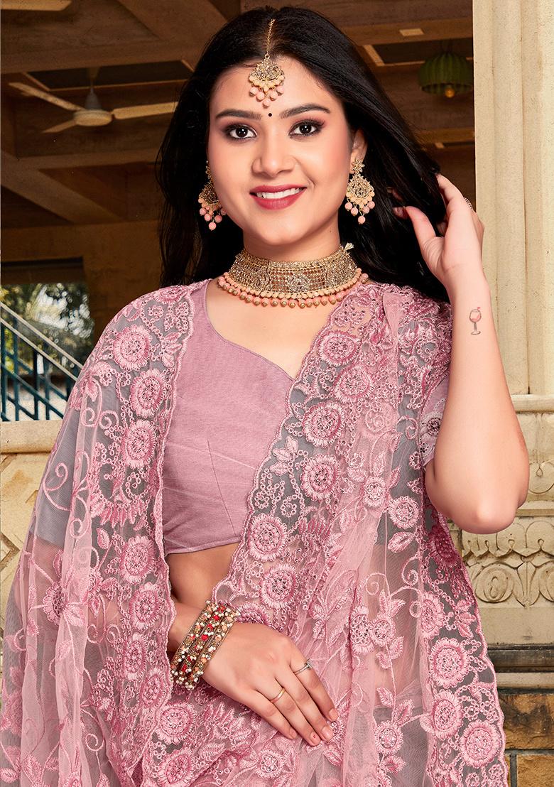 Dusty Pink Embroidery Net Saree Set - Indya