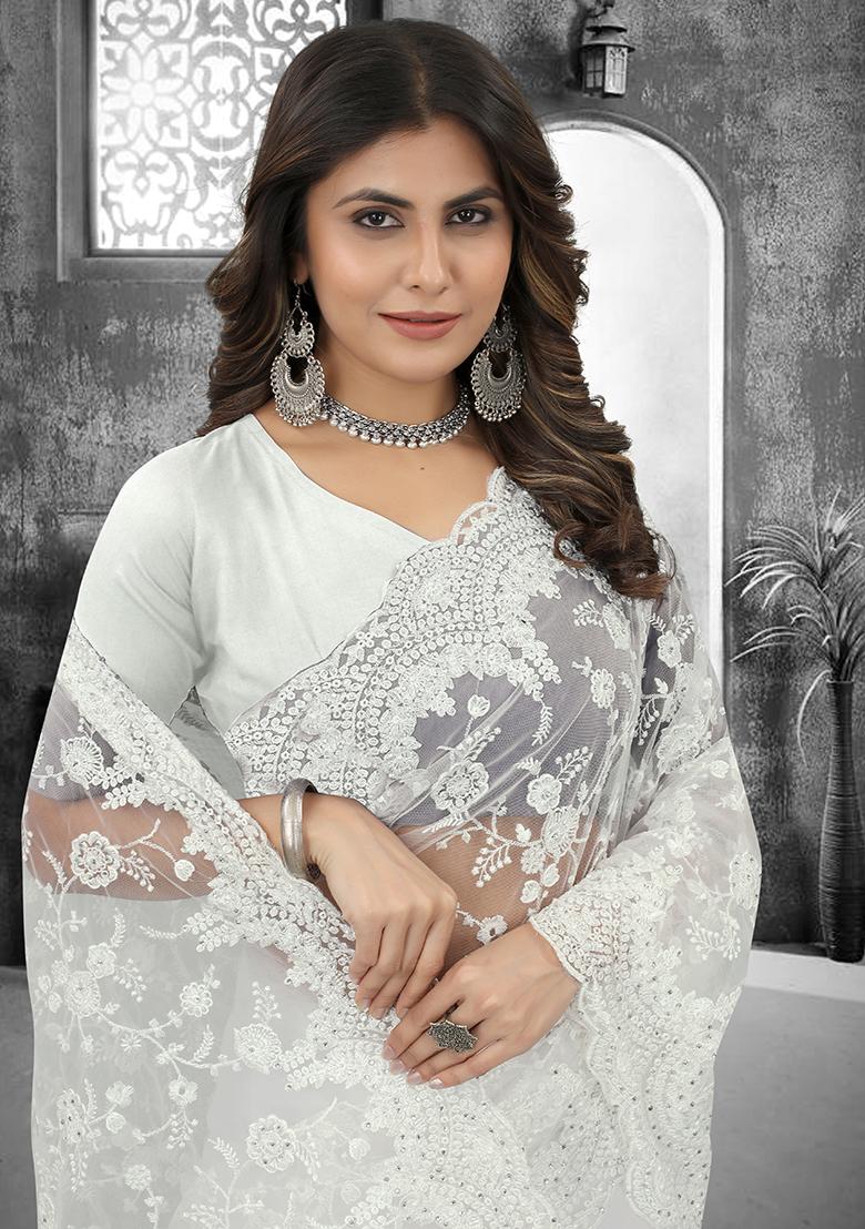 White Embroidery Net Saree Set - Indya