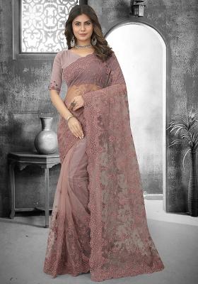 Lavender Embroidery Net Saree Set