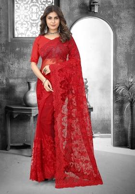 Red Embroidery Net Saree Set