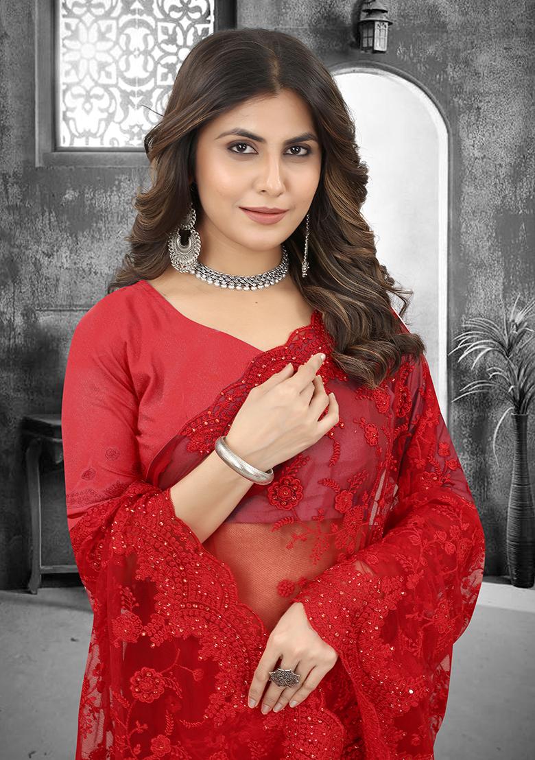 Red Embroidery Net Saree Set - Indya