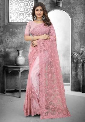 Dusty Pink Embroidery Net Saree Set