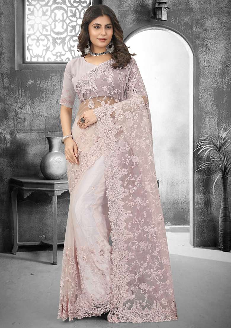 Dusty Peach Embroidery Net Saree Set for Diwali and Festive Wear - Indya