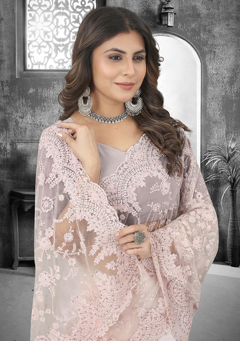 Dusty Peach Embroidery Net Saree Set - Indya