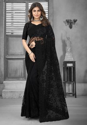 Black Embroidery Net Saree Set