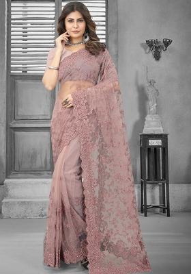 Lavender Embroidery Net Saree Set