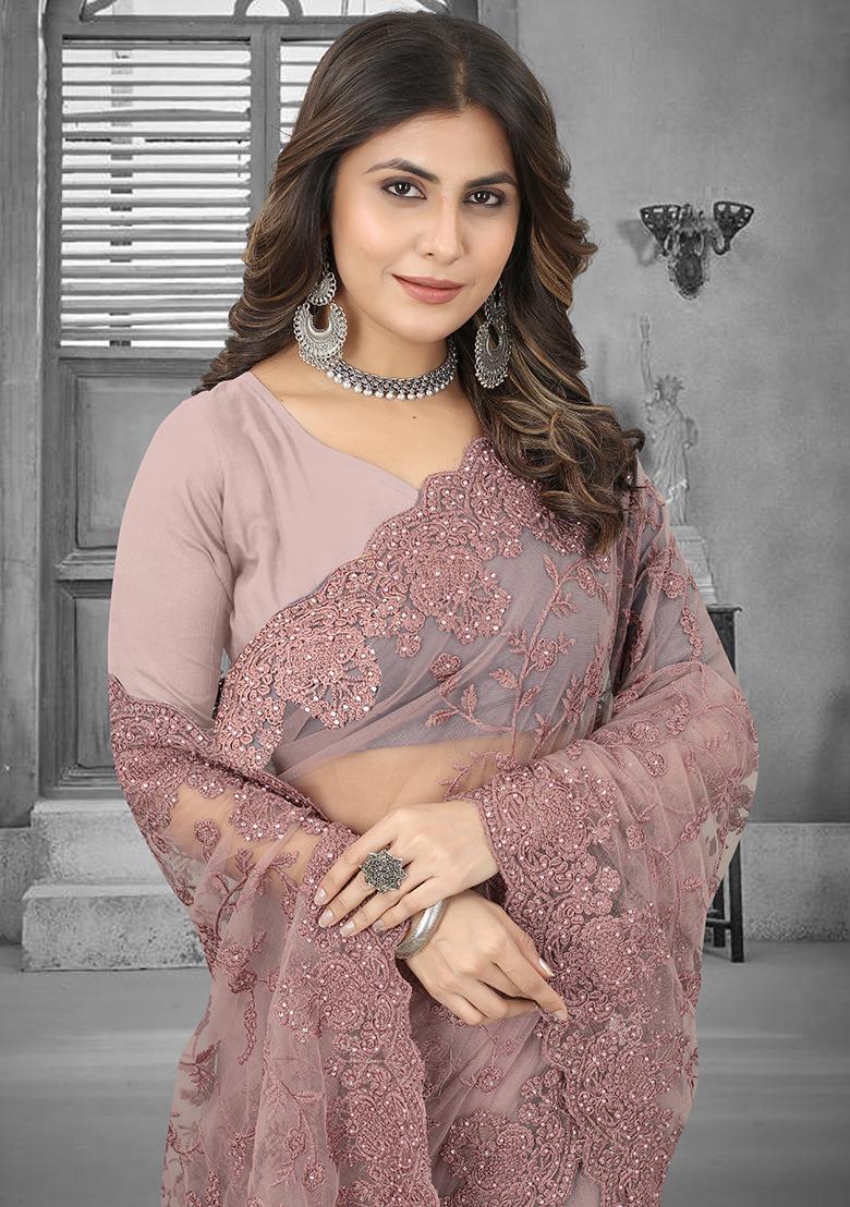 Lavender Embroidery Net Saree Set - Indya