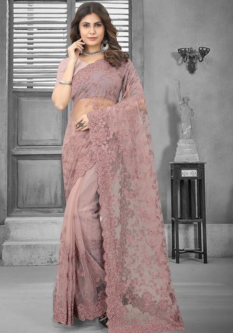 Lavender Embroidery Net Saree Set