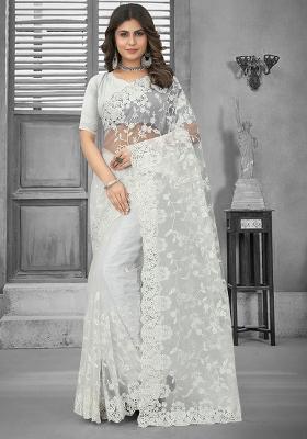 White Embroidery Net Saree Set