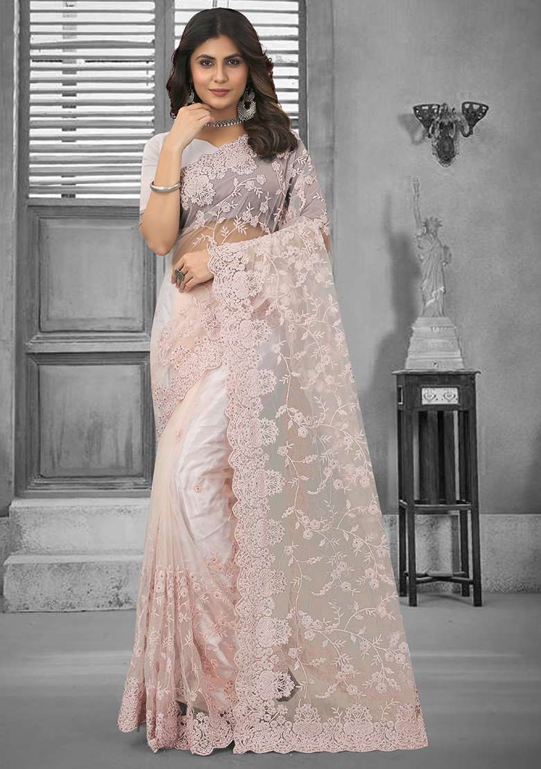 Dusty Peach Net Saree Set with Embroidery for Diwali | Wedding & Festive Wear - Indya