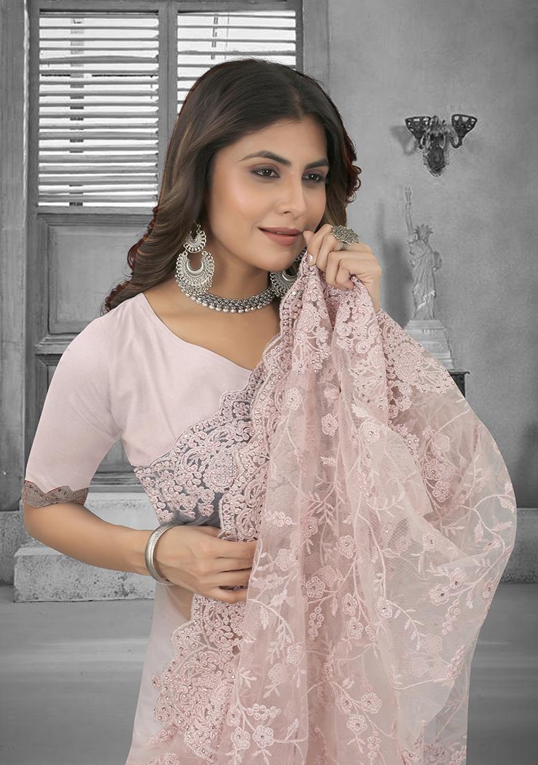 Dusty Peach Embroidery Net Saree Set - Indya