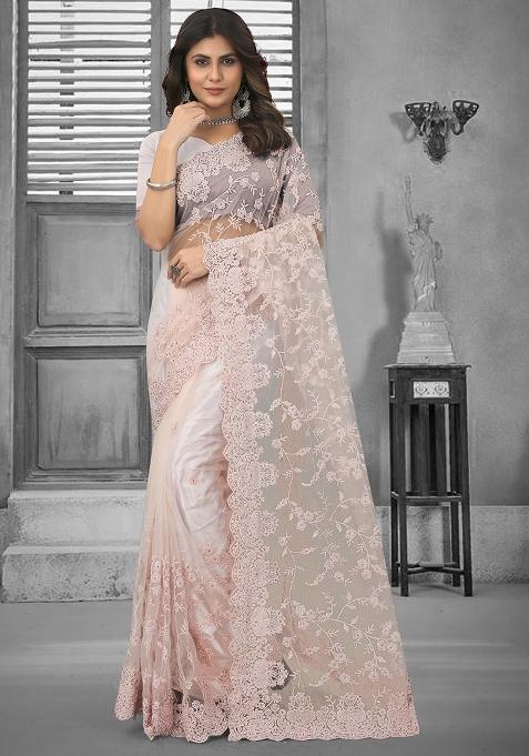 Dusty Peach Embroidery Net Saree Set