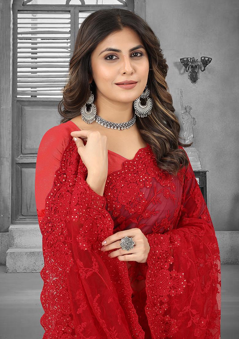 Red Embroidery Net Saree Set - Indya