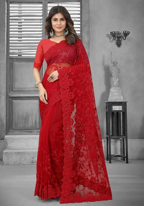 Red Embroidery Net Saree Set